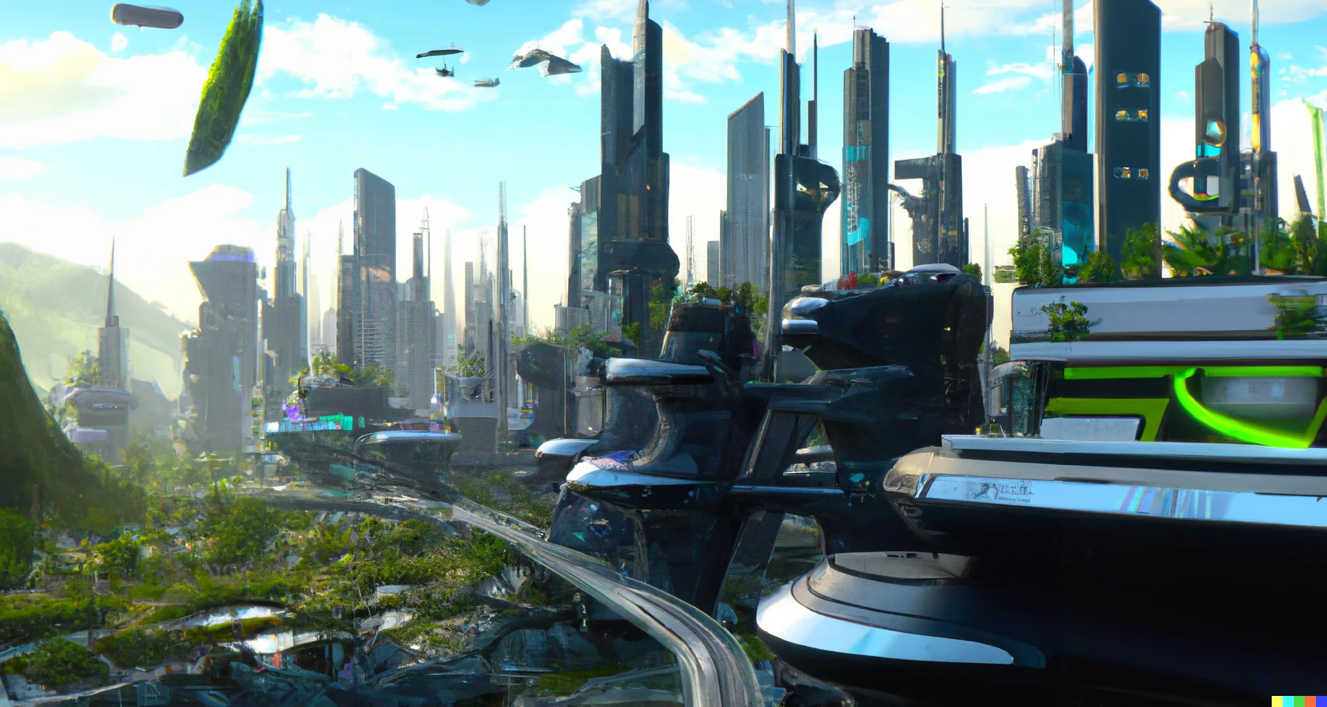 DALLE 2022 12 14 21 56 38 futuristic city green energy good living community supporting itself abstract matte painting HQ 4k